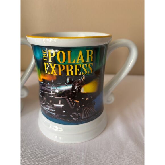 2 Polar Express Mugs with Embossed Train Yellow Stripe Rim; Northern Lights - Picture 3 of 9